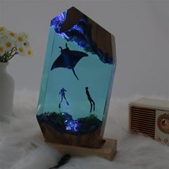 Manta ray, diver, wood sculpture, epoxy resin lamp ( Best Gift 🎁 )
