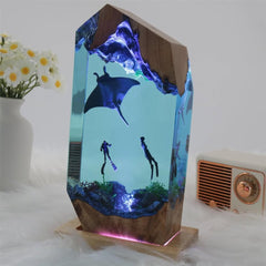Manta ray, diver, wood sculpture, epoxy resin lamp ( Best Gift 🎁 )