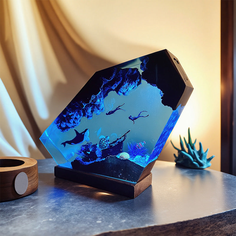 Octopus & Divers Resin Lamp Epoxy Wood Night Light for Ocean Lover