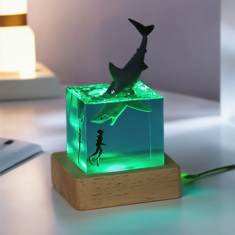 Shark & Diver Resin Wood Lamp Epoxy Night Light for Marine Decor