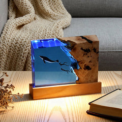 Orca & Diver Resin Wood Lamp Handcrafted Marine Art Night Light for Home Decor
