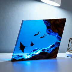 Handmade Resin Lamp with Manta Ray & Diver Night Light for Home Decor