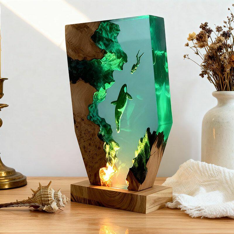 Midnight Orca & Diver Irregular Resin Wood Lamp - RESIN MEMORY Ocean Art Decor Gift
