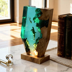 Midnight Orca & Diver Irregular Resin Wood Lamp - RESIN MEMORY Ocean Art Decor Gift