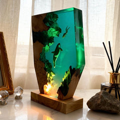 Midnight Orca & Diver Irregular Resin Wood Lamp - RESIN MEMORY Ocean Art Decor Gift