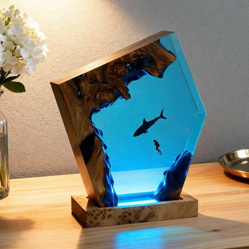 Shark & Diver Resin Lamp Ocean-Themed Handcrafted Night Light for Bedroom