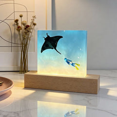 Oceanic Romance Resin Lamp - Manta Ray & Diver Night Light