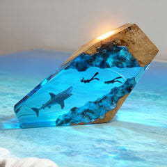 Great White Shark Resin Lamp Couple Diver Maritime Art for Living Room