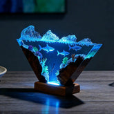 Diver & Sharks Resin Lamp Handmade Wood Night Light for Living Room