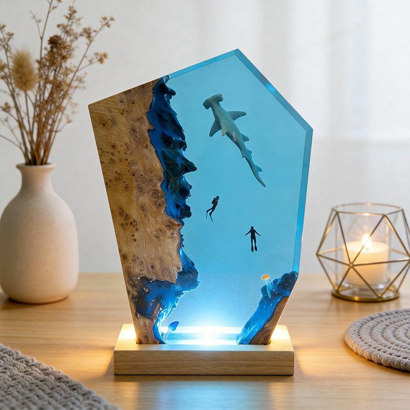 Captivating Marine Resin Lamp: Hammerhead Shark & Divers Gift Idea