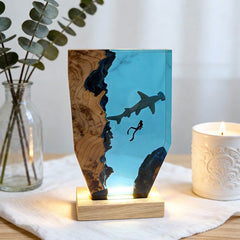 Ocean Whimsy Hammerhead Shark & Diver Artisan Resin Lamp Home Decor Present