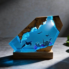 Orca & Diver Resin Lamp Abyssal Marine Art for Desk Decor