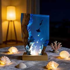 Ethereal Jellyfish & Manta Ray Resin Lamp RESIN MEMORY Artisan Art Decor