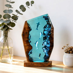 Dolphin & Diver Nautical Resin Lamp Handcrafted Tabletop Decor for Him