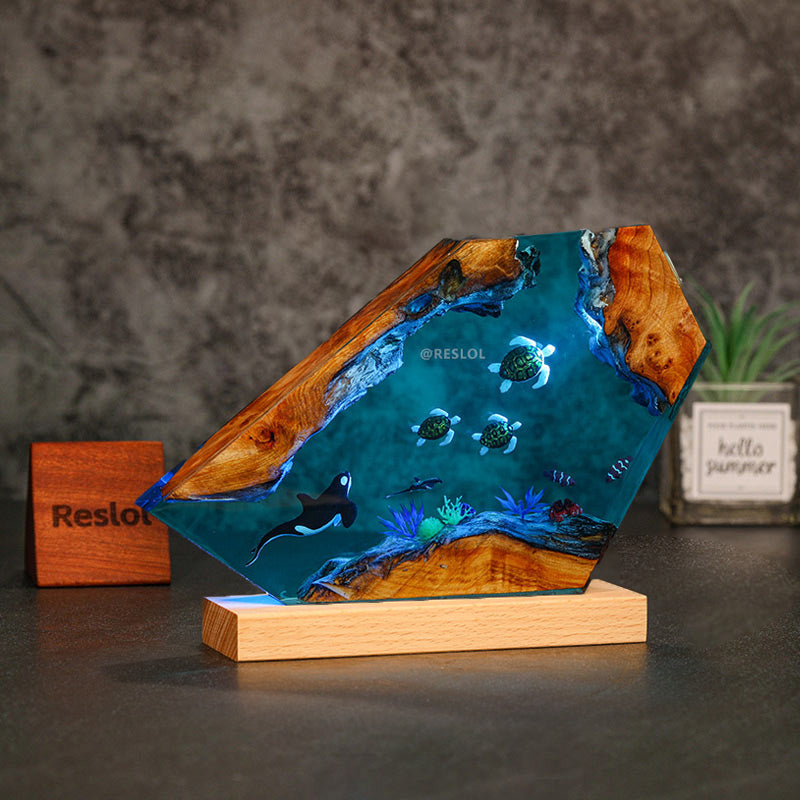Orca & Turtle Resin Lamp Ocean-Themed Epoxy Night Light for Bedroom Decor