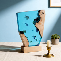 Mermaid & Whale Shark Resin Wood Lamp Nautical Artisan-Made Decor Gift