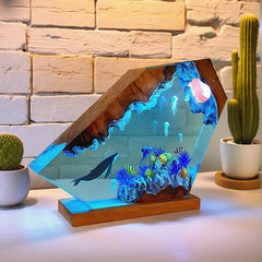 Whale & Jellyfish Epoxy Resin Lamp Ocean-Themed Wood Night Light