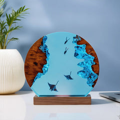 Diver & Manta Ray Resin Lamp Ocean Theme Circular Night Light for Bedside Decor
