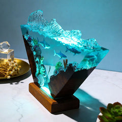 Diver & Sharks Resin Lamp Handmade Wood Night Light for Living Room
