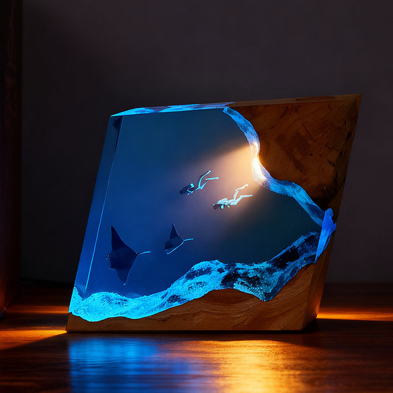 Handmade Resin Lamp with Manta Ray & Diver Night Light for Home Decor