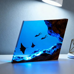 Handmade Resin Lamp with Manta Ray & Diver Night Light for Home Decor