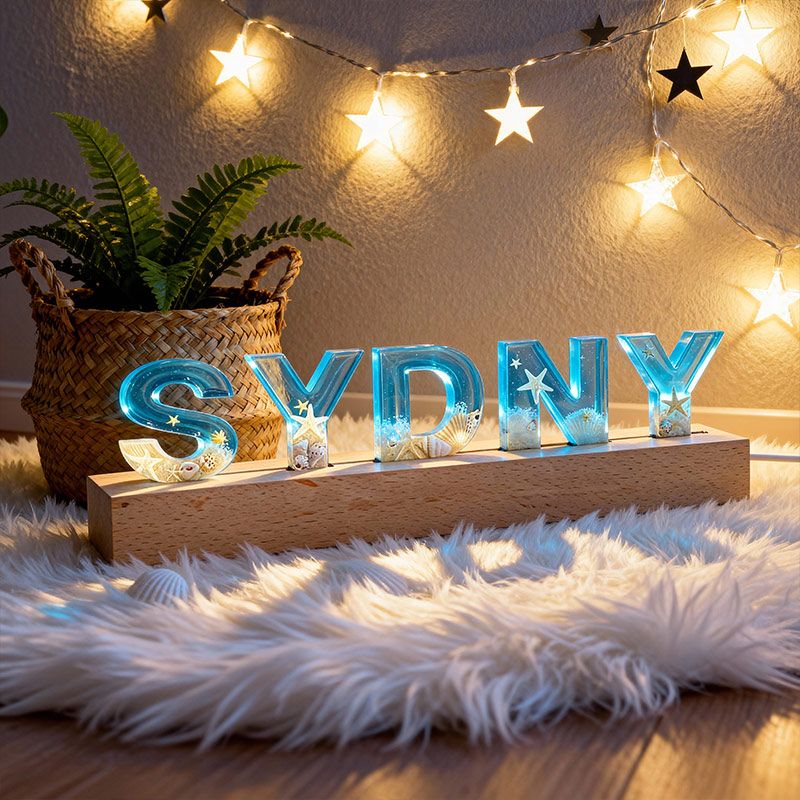 Beach-Themed Wooden Resin Lamp Coastal Letter Night Light for Home Decor