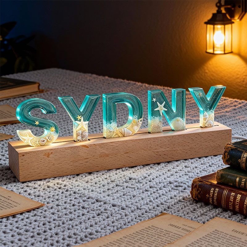 Beach-Themed Wooden Resin Lamp Coastal Letter Night Light for Home Decor