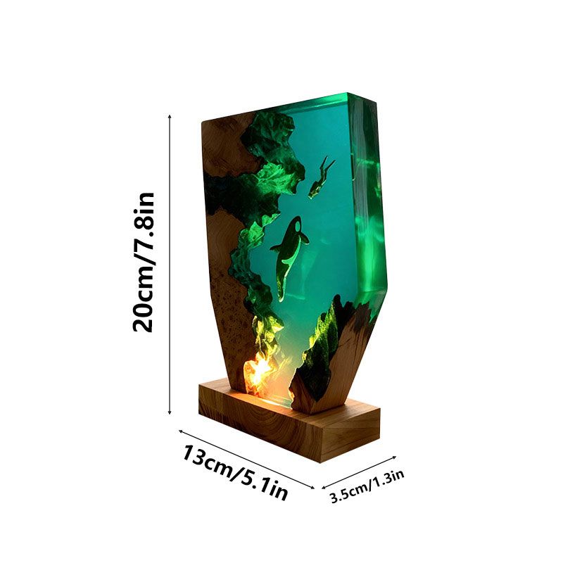 Midnight Orca & Diver Irregular Resin Wood Lamp - RESIN MEMORY Ocean Art Decor Gift