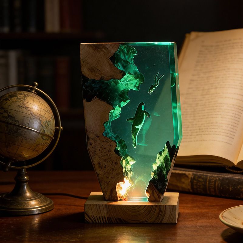 Midnight Orca & Diver Irregular Resin Wood Lamp - RESIN MEMORY Ocean Art Decor Gift