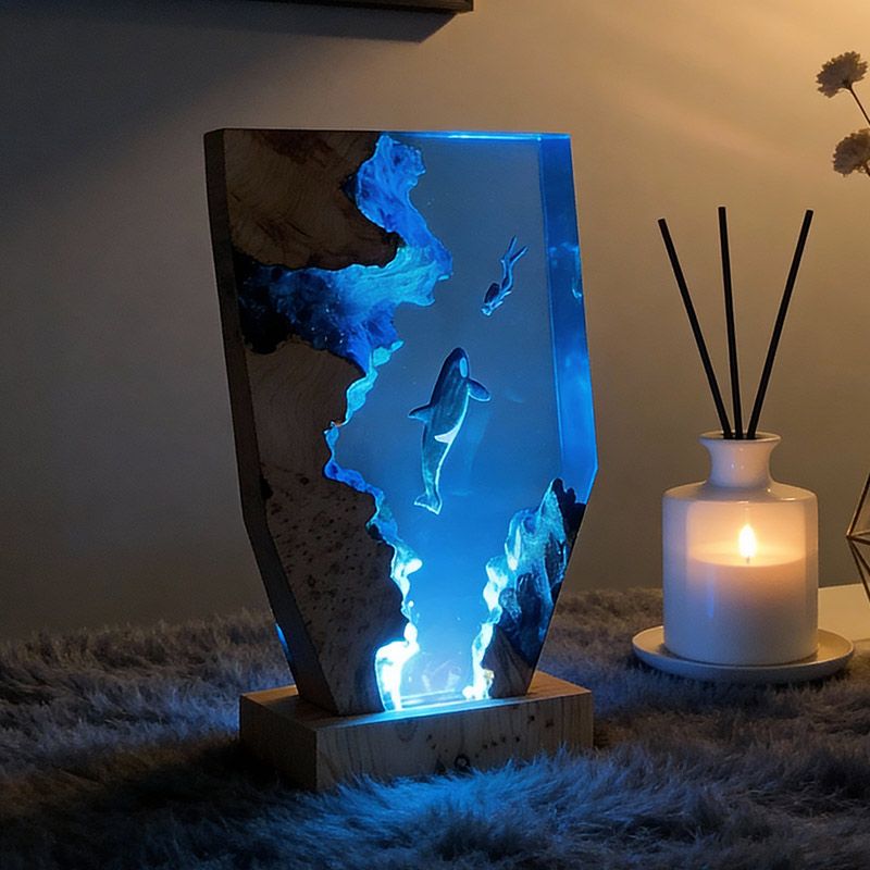 Midnight Orca & Diver Irregular Resin Wood Lamp - RESIN MEMORY Ocean Art Decor Gift