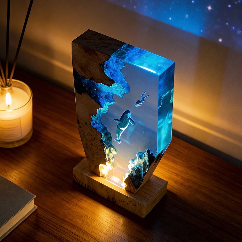 Midnight Orca & Diver Irregular Resin Wood Lamp - RESIN MEMORY Ocean Art Decor Gift