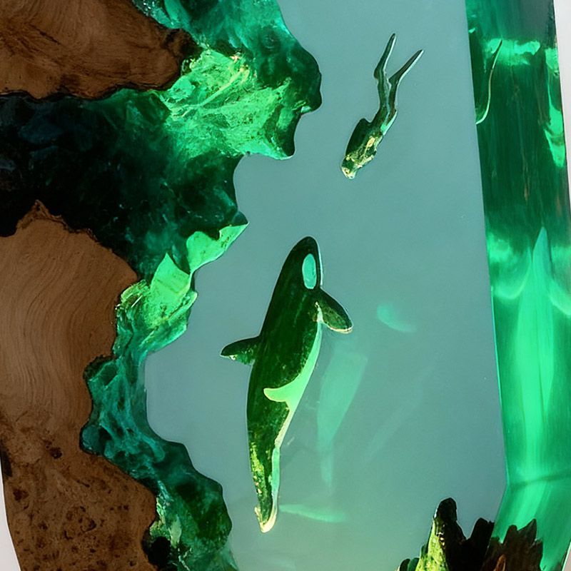 Midnight Orca & Diver Irregular Resin Wood Lamp - RESIN MEMORY Ocean Art Decor Gift