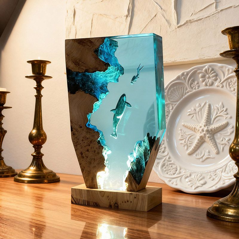 Midnight Orca & Diver Irregular Resin Wood Lamp - RESIN MEMORY Ocean Art Decor Gift