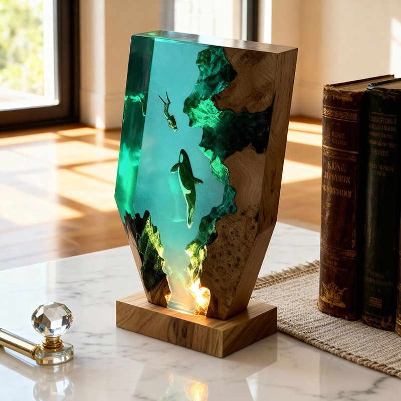 Midnight Orca & Diver Irregular Resin Wood Lamp - RESIN MEMORY Ocean Art Decor Gift