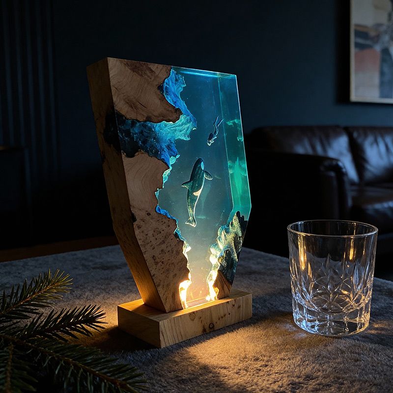 Midnight Orca & Diver Irregular Resin Wood Lamp - RESIN MEMORY Ocean Art Decor Gift
