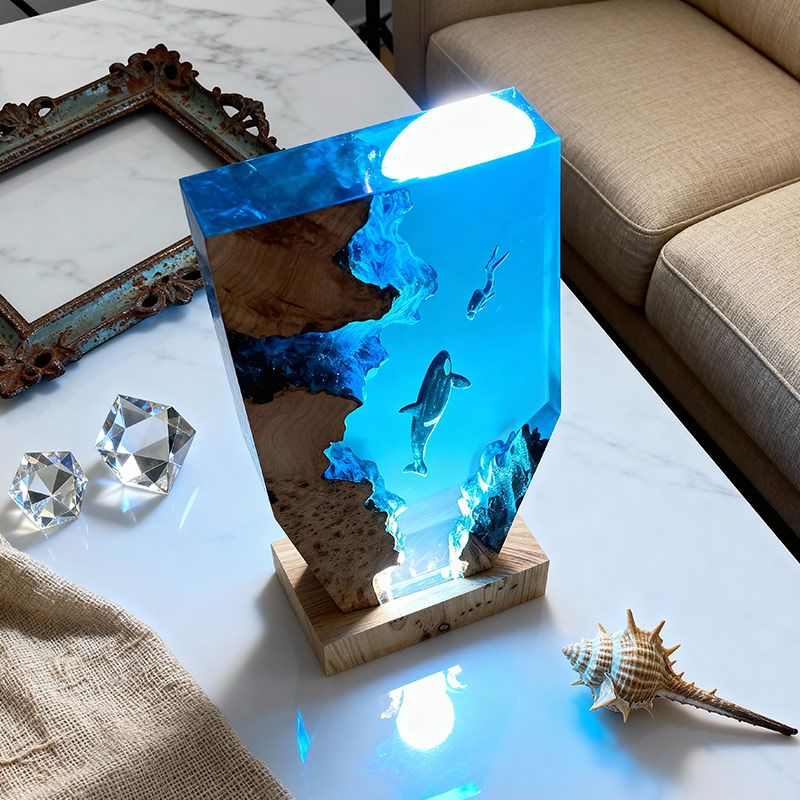 Midnight Orca & Diver Irregular Resin Wood Lamp - RESIN MEMORY Ocean Art Decor Gift