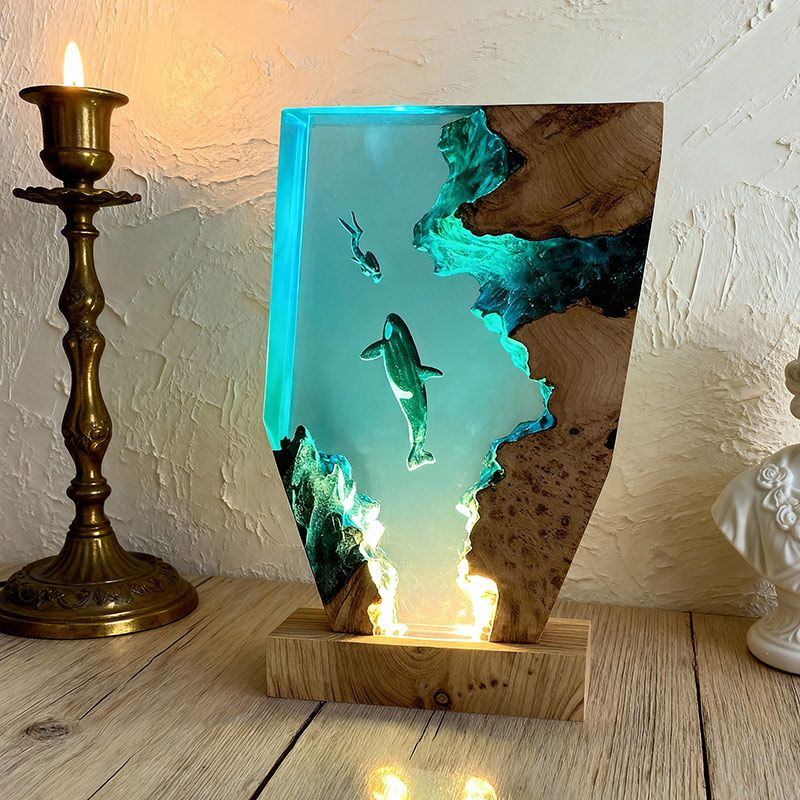 Midnight Orca & Diver Irregular Resin Wood Lamp - RESIN MEMORY Ocean Art Decor Gift