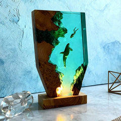 Midnight Orca & Diver Irregular Resin Wood Lamp - RESIN MEMORY Ocean Art Decor Gift