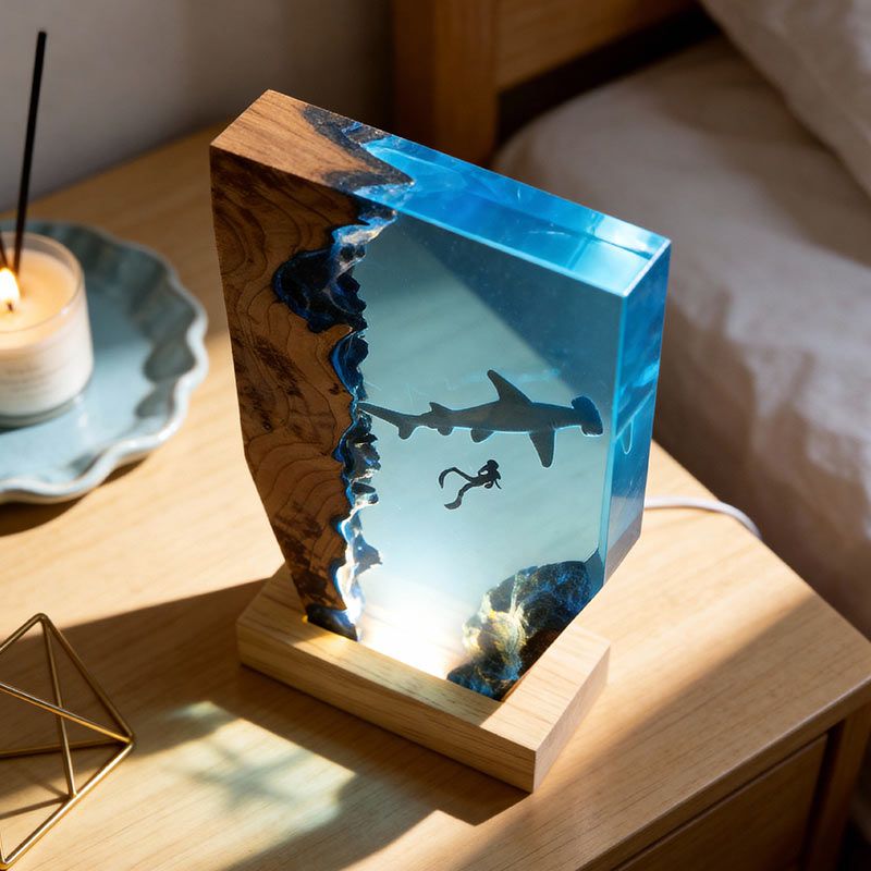 Ocean Whimsy Hammerhead Shark & Diver Artisan Resin Lamp Home Decor Present