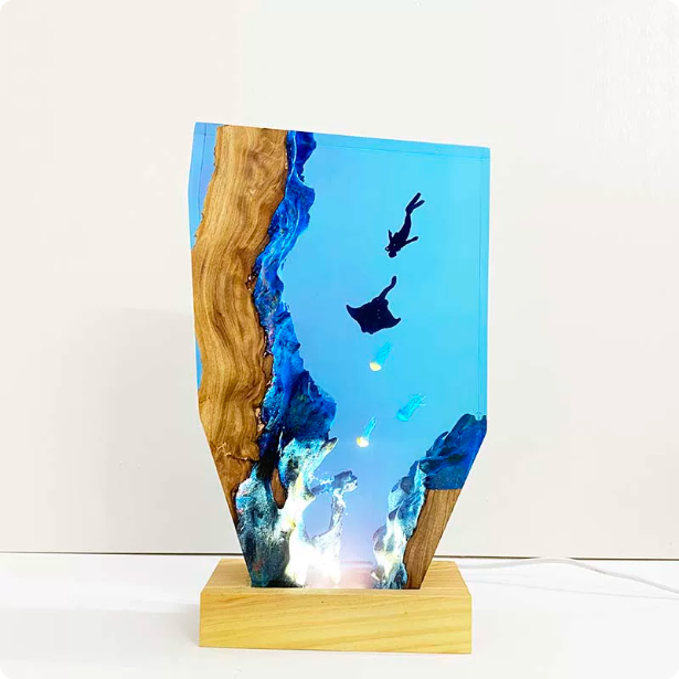 Ethereal Jellyfish & Manta Ray Resin Lamp RESIN MEMORY Artisan Art Decor