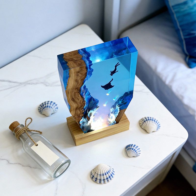 Ethereal Jellyfish & Manta Ray Resin Lamp RESIN MEMORY Artisan Art Decor
