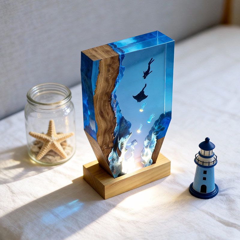 Ethereal Jellyfish & Manta Ray Resin Lamp RESIN MEMORY Artisan Art Decor