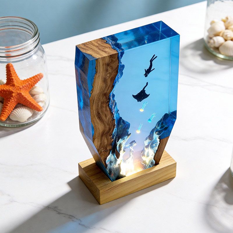 Ethereal Jellyfish & Manta Ray Resin Lamp RESIN MEMORY Artisan Art Decor