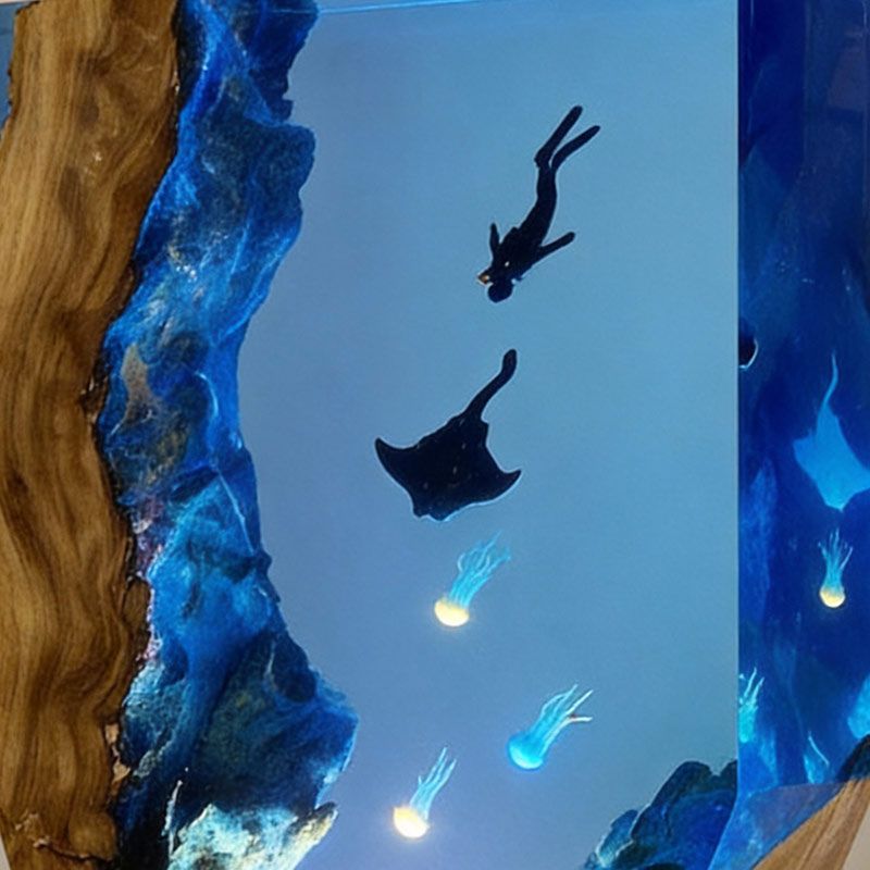 Ethereal Jellyfish & Manta Ray Resin Lamp RESIN MEMORY Artisan Art Decor