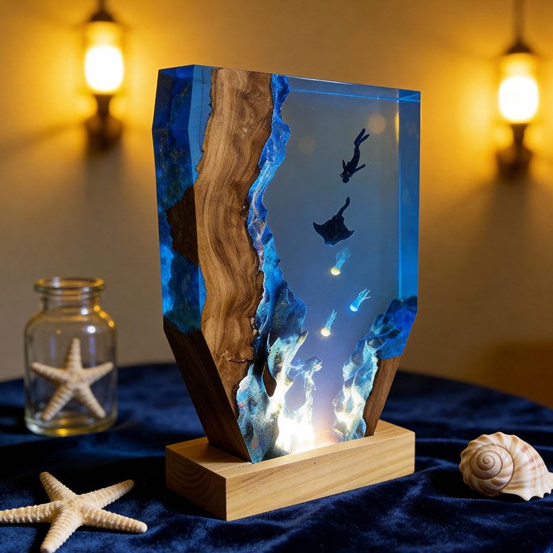 Ethereal Jellyfish & Manta Ray Resin Lamp RESIN MEMORY Artisan Art Decor