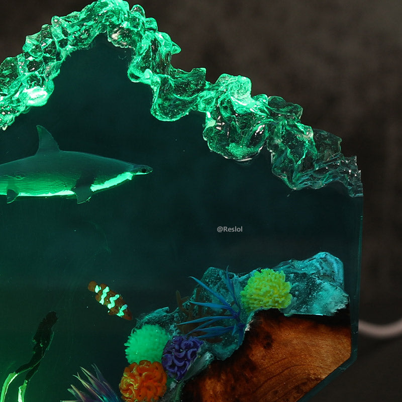 Hammerhead Shark & Diver Resin Lamp Handmade Night Light for Ocean Lovers
