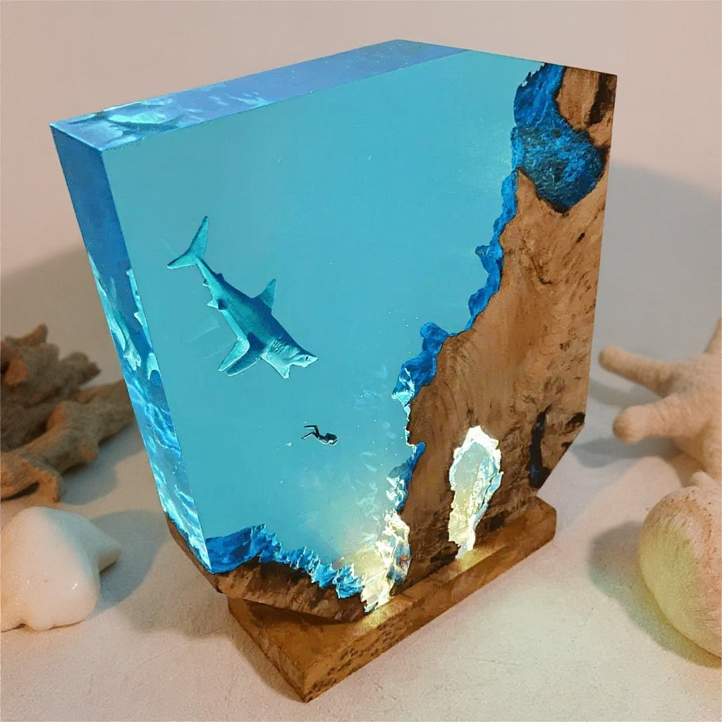 Sharks, divers, wood sculptures, epoxy resin lamp （ Best Gift 🎁 ）