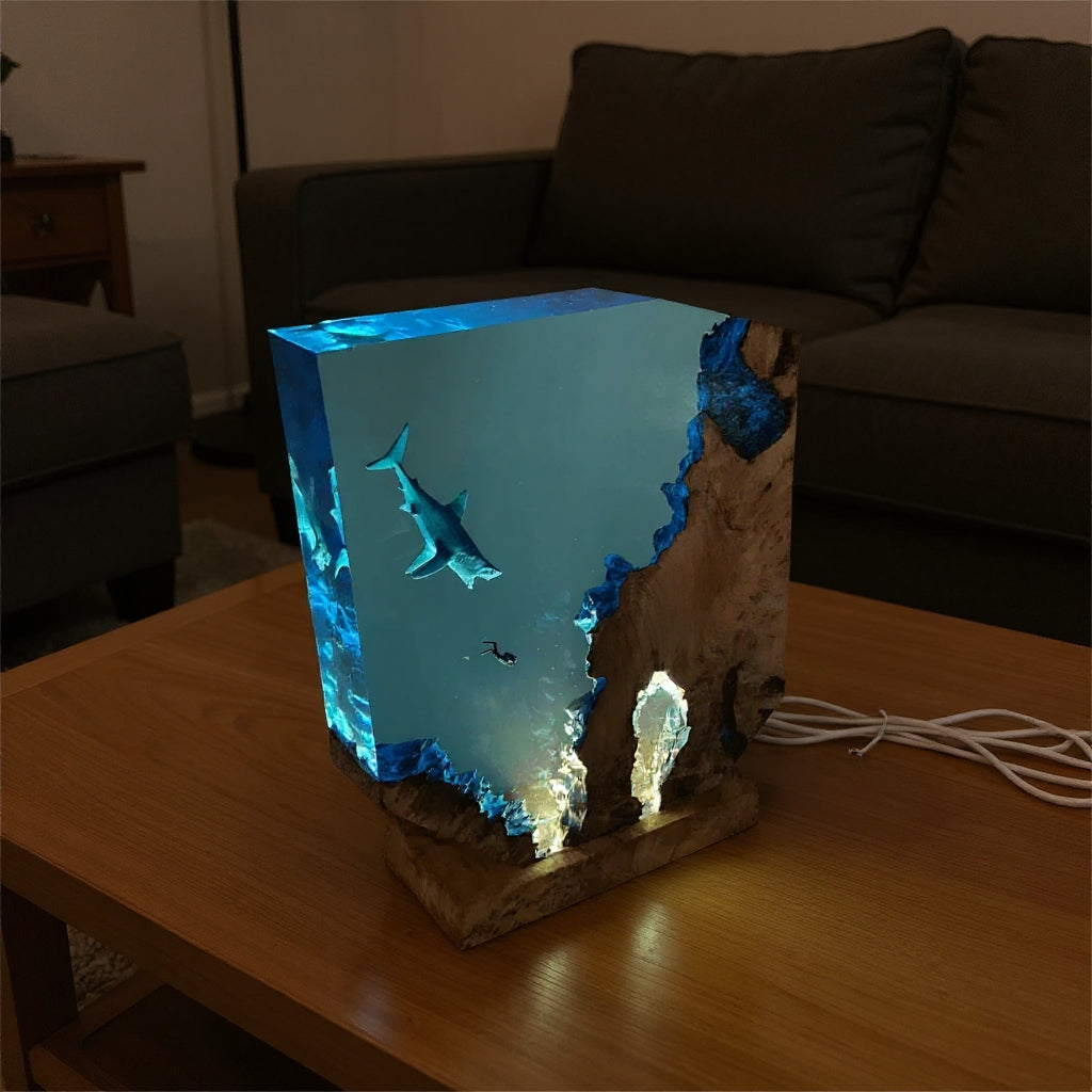 Sharks, divers, wood sculptures, epoxy resin lamp （ Best Gift 🎁 ）