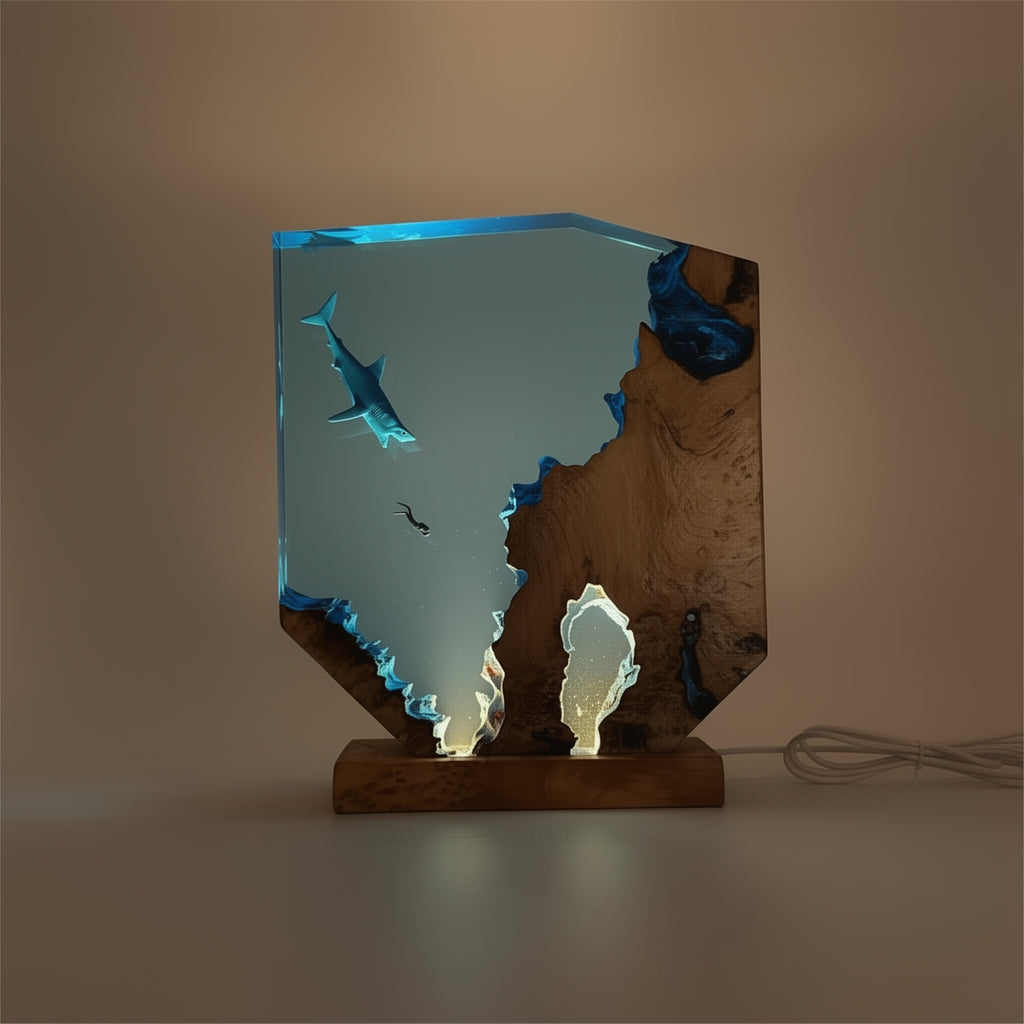 Sharks, divers, wood sculptures, epoxy resin lamp （ Best Gift 🎁 ）
