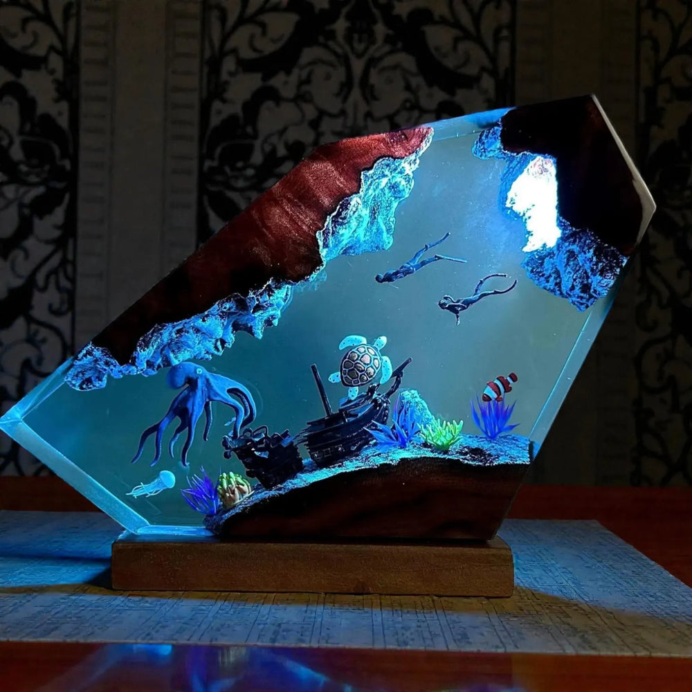 Handmade Resin Ocean Lamp Octopus Divers Diorama
